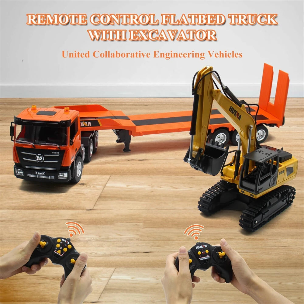 HuiNa  1319 RTR 1/18 2.4G 9CH RC Car Excavator Flat Trailer Flatbed Semi Truck Remote Control Simulation Sound LED Light Engineering Construction Vehicles Models