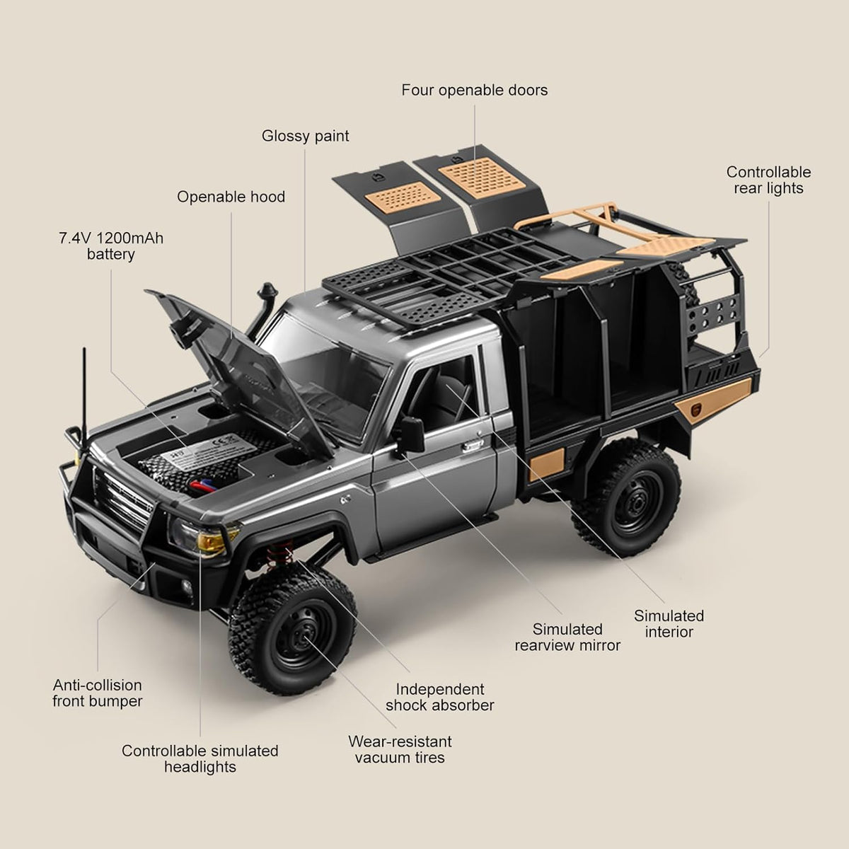 MN Model MN82S 1:12 4WD RC Rock Crawler Land Cruiser Pickup with LED Lights