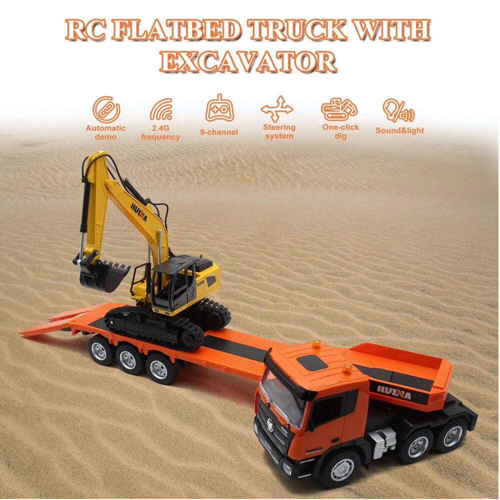 HuiNa  1319 RTR 1/18 2.4G 9CH RC Car Excavator Flat Trailer Flatbed Semi Truck Remote Control Simulation Sound LED Light Engineering Construction Vehicles Models