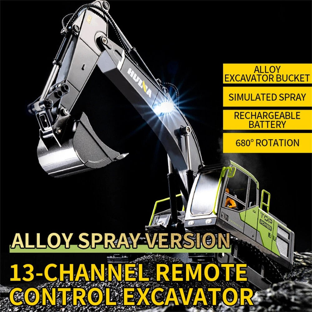 Huina 1661 1:18 Die-Cast Metal RC Excavator – 13CH Radio Control Construction Vehicle with LED Lights