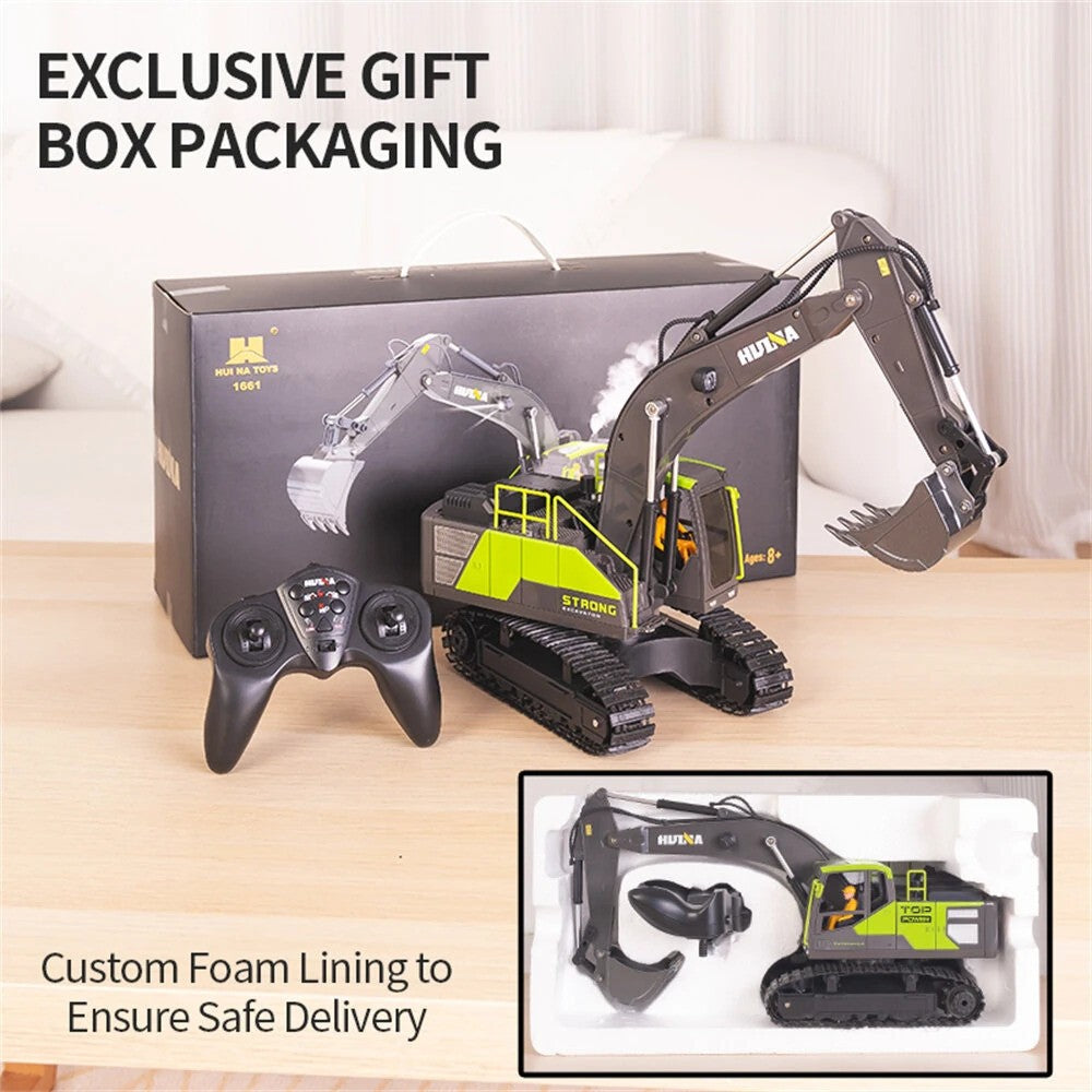 Huina 1661 1:18 Die-Cast Metal RC Excavator – 13CH Radio Control Construction Vehicle with LED Lights