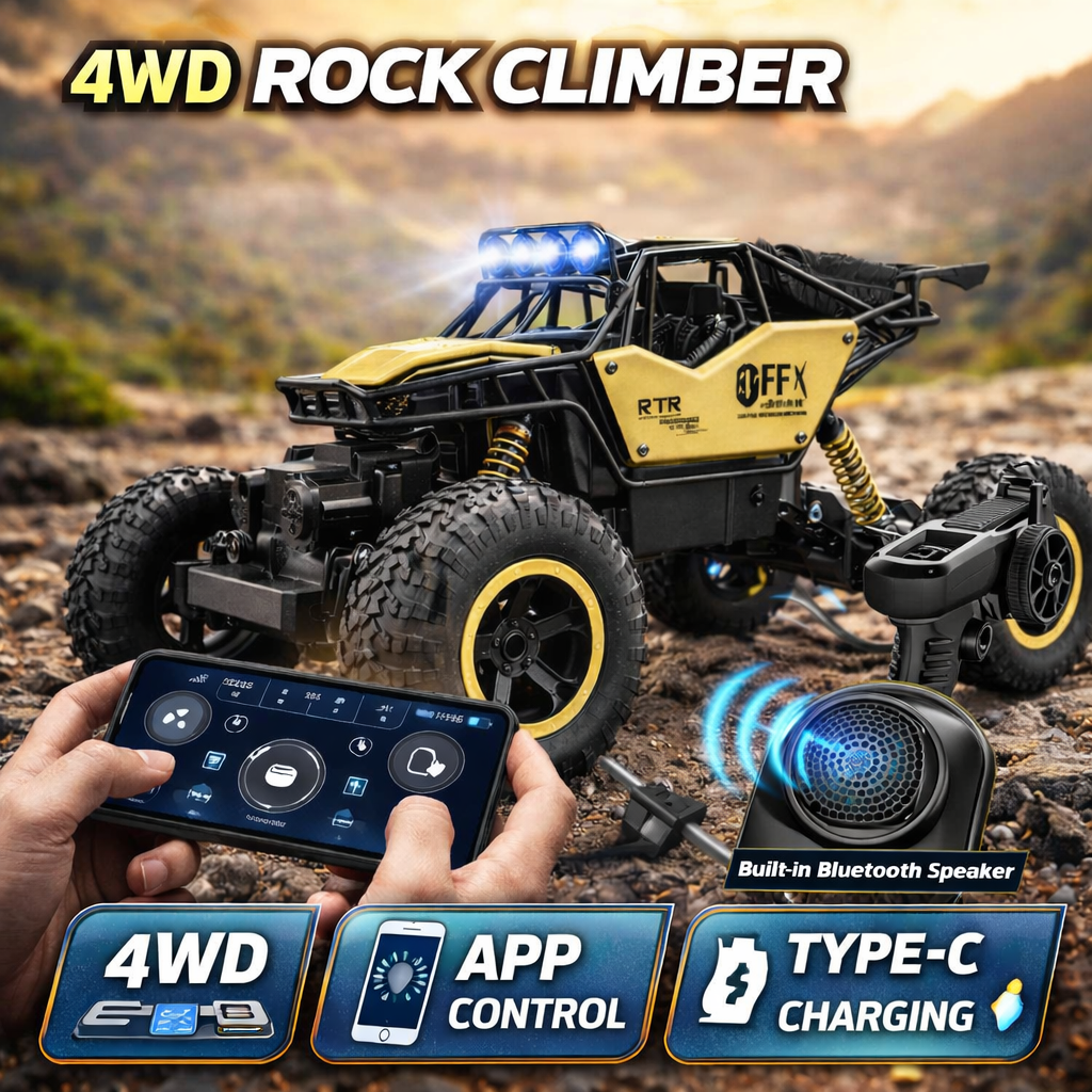 Adventure Pioneer 4WD Rock Climber RC Car – App Control, Type-C Charging, Bluetooth Speaker, High Speed Off-Road