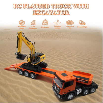 HuiNa  1319 RTR 1/18 2.4G 9CH RC Car Excavator Flat Trailer Flatbed Semi Truck Remote Control Simulation Sound LED Light Engineering Construction Vehicles Models